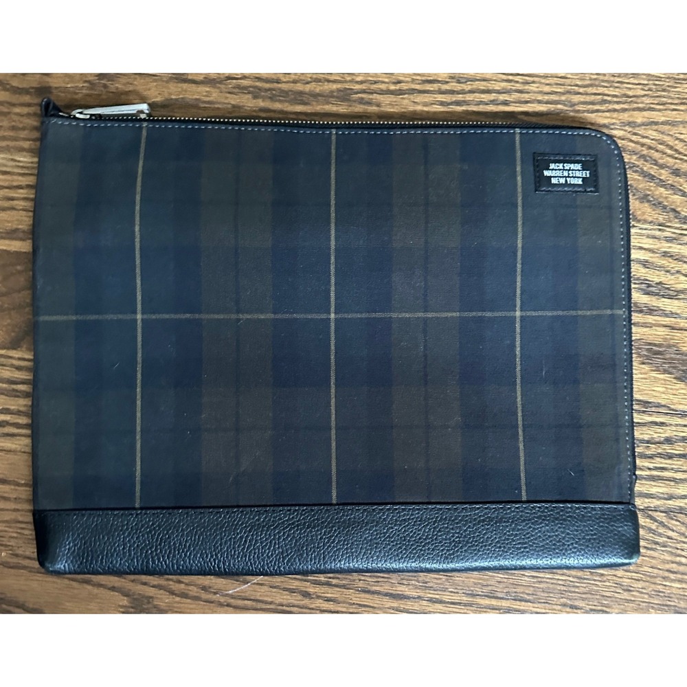 Jack Spade Zip Portfolio Briefcase Blue Plaid canvas leather trim